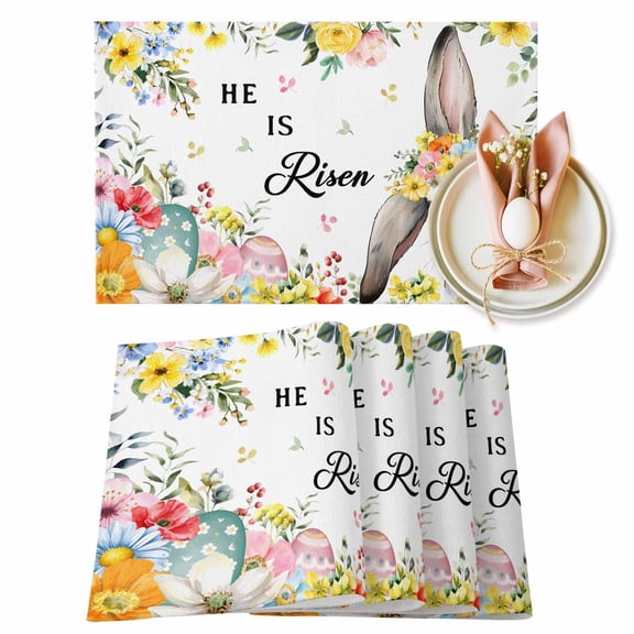 Happy Easter Placemats Set of 2, Spring Bunny He Is Risen Yellow Flower Floral Farmhouse Heat Insulated Linen Place Mats, Washable Stain-Proof Table Mats for Dining Tables Holiday Decor 13x19 Inches