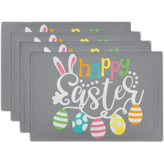 Happy Easter Placemats Set of 4, 12" X 18" Cute Bunny Ear Linen Table Place Mat, Colorful Hanging Easter Eggs Heat Resistant Table Mats for Dining Kitchen Home Holiday Decor