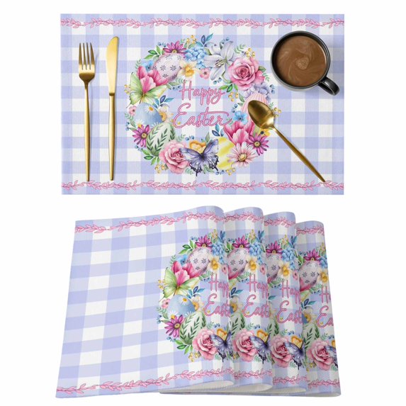 Happy Easter Placemats Set of 4, Colorful Eggs Flowers Butterfly Purple Plaid Placemats for Dining Table, Place Mats for Kitchen Tabletop, Waterproof Wipeable Dining Table Mats Set
