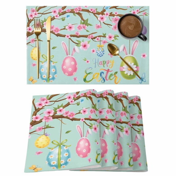 Happy Easter Placemats Set of 4 Colorful Rabbit Ears on Easter Eggs Spring Floral Tree Teal Heat Insulation Washable Place Mats, Non-Slip Table Mats for Dining Table Party Kitchen,13x19 Inch