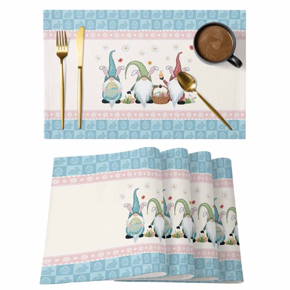 Happy Easter Placemats Set of 4, Cute Gnomes Eggs Blue Bunny Floral Pink Border Placemats for Dining Table, Place Mats for Kitchen Tabletop, Waterproof Wipeable Dining Table Mats Set