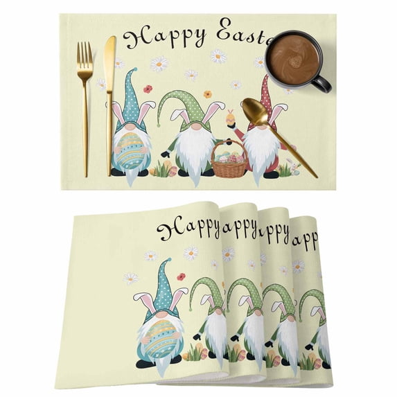 Happy Easter Placemats Set of 4, Cute Gnomes Eggs Spring Daisy Flowers Yellow Placemats for Dining Table, Place Mats for Kitchen Tabletop, Waterproof Wipeable Dining Table Mats Set
