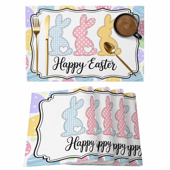 Happy Easter Placemats Set of 4, Cute Lovely Colorful Rabbits Silhouette Eggs Placemats for Dining Table, Place Mats for Kitchen Tabletop, Waterproof Wipeable Dining Table Mats Set