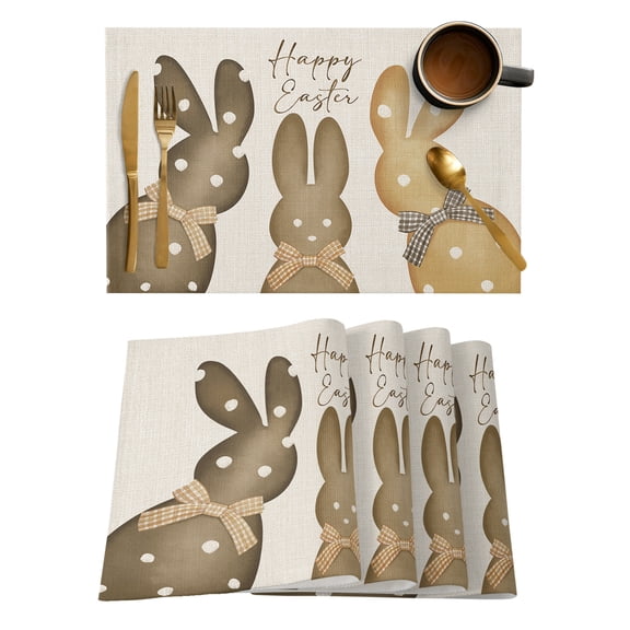 Happy Easter Placemats Set of 4, Polka Dot Bunny Spring Beige Burlap Placemats for Dining Table, Place Mats for Kitchen Tabletop, Waterproof Wipeable Dining Table Mats Set