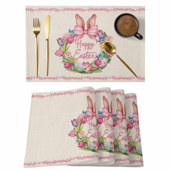 Happy Easter Placemats Set of 4, Rabbits Bows Spring Tulips Eggs Retro Placemats for Dining Table, Place Mats for Kitchen Tabletop, Waterproof Wipeable Dining Table Mats Set