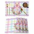 thumbnail image 1 of Happy Easter Placemats Set of 4, Rabbits Bows Tulips Eggs Colorful Stripes Placemats for Dining Table, Place Mats for Kitchen Tabletop, Waterproof Wipeable Dining Table Mats Set, 1 of 9