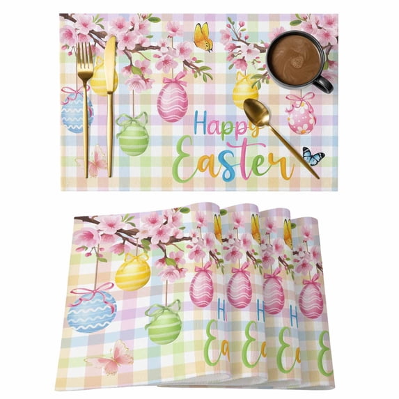 Happy Easter Placemats Set of 4 Spring Colorful Eggs Butterfly Plaid Checkered Place Mats Indoor Wipeable Table Mats Washable Dining Table Placemats for Kitchen Holiday Party Home Decor 13x19 Inch