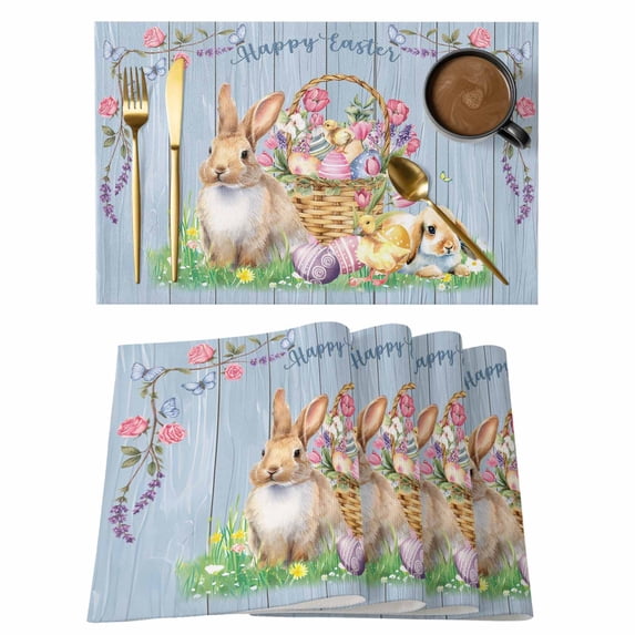 Happy Easter Placemats Set of 4, Spring Easter Eggs Bunny Floral Blue Wood Placemats for Dining Table, Place Mats for Kitchen Tabletop, Waterproof Wipeable Dining Table Mats Set