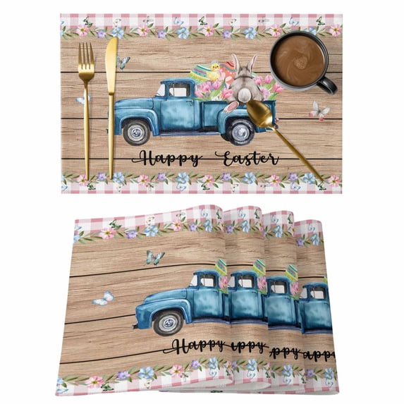 Happy Easter Placemats Set of 4, Vintage Blue Truck Bunny Duck Wooden Grain Placemats for Dining Table, Place Mats for Kitchen Tabletop, Waterproof Wipeable Dining Table Mats Set
