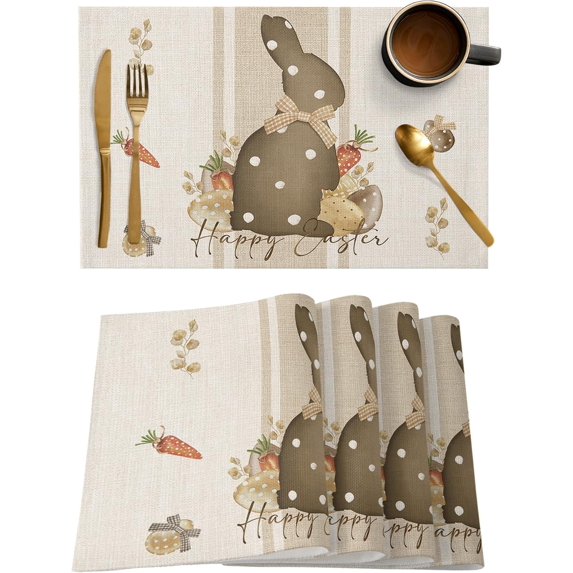 Happy Easter Placemats Set of 6, Bunny Eggs Placemat for Dining Tableations, Washable Cotton Linen Carrot Beige Place Mats, Spring Table Mats for Kitchen Dinner Seasonal Holiday Party Decor