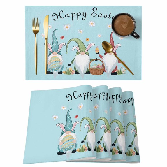 Happy Easter Placemats Set of 6, Cute Gnomes Eggs Spring Daisy Flowers Blue Placemats for Dining Table, Place Mats for Kitchen Tabletop, Waterproof Wipeable Dining Table Mats Set
