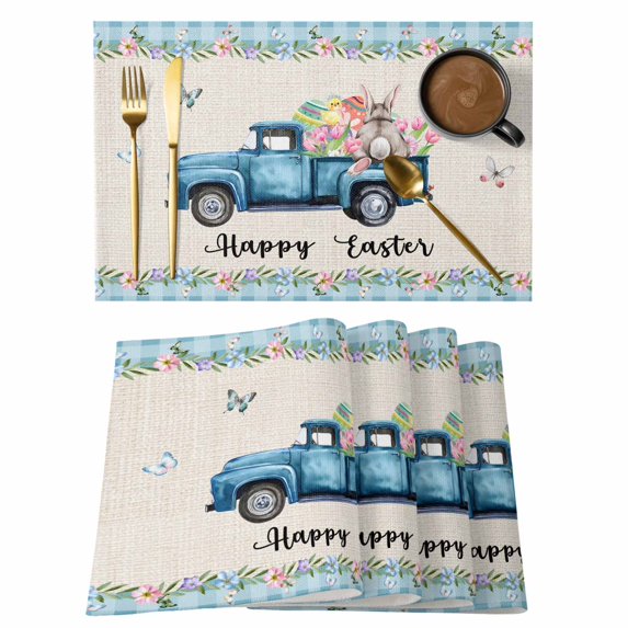 Happy Easter Placemats Set of 6, Spring Truck Bunny Butterfly Blue Plaid Placemats for Dining Table, Place Mats for Kitchen Tabletop, Waterproof Wipeable Dining Table Mats Set