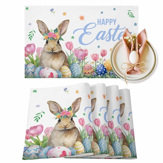 Happy Easter Placemats Set of 6, Watercolor Rabbit Colored Eggs Pink Flowers Heat Insulated Linen Place Mats, Washable Stain-Proof Table Mats for Dining Tables Holiday Decor 13x19 Inches
