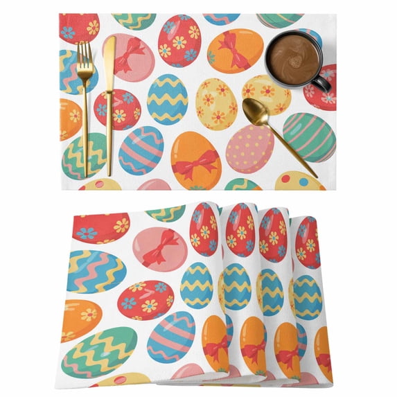 Happy Easter Placemats Set of 6, Watercolor Red Blue Yellow Pink Stripes Bowknot Floral Eggs Non-Slip Place Mats Washable Table Mats for Kitchen Dining Table Decorations Indoor/Outdoor