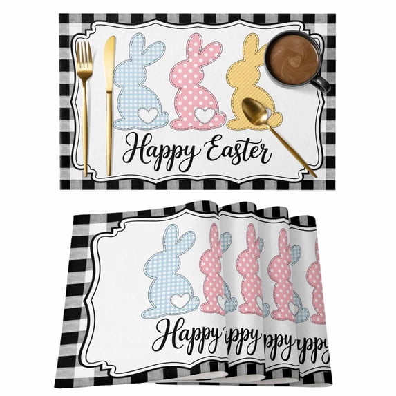Happy Easter Placemats Set of 8 Cute Lovely Colorful Rabbits Black White Plaid Place Mats Indoor Wipeable Table Mats Washable Dining Table Placemats for Kitchen Holiday Party Home Decor 13x19 Inch