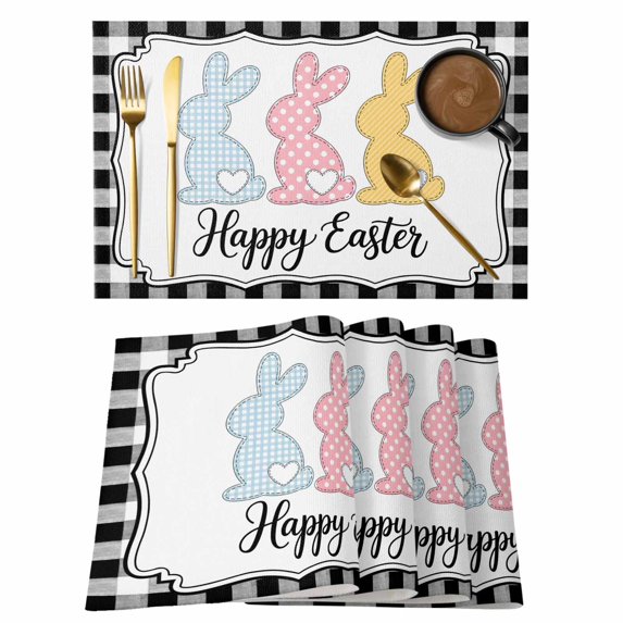 Happy Easter Placemats Set of 8, Cute Lovely Colorful Rabbits Black White Plaid Placemats for Dining Table, Place Mats for Kitchen Tabletop, Waterproof Wipeable Dining Table Mats Set
