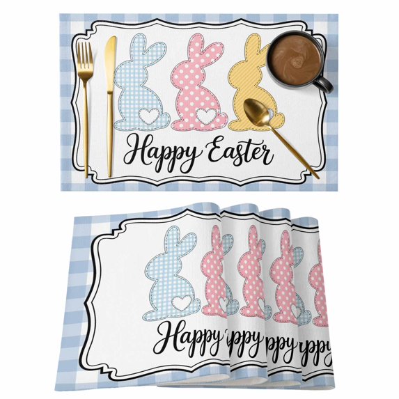Happy Easter Placemats Set of 8, Cute Lovely Colorful Rabbits Silhouette Blue Plaid Placemats for Dining Table, Place Mats for Kitchen Tabletop, Waterproof Wipeable Dining Table Mats Set