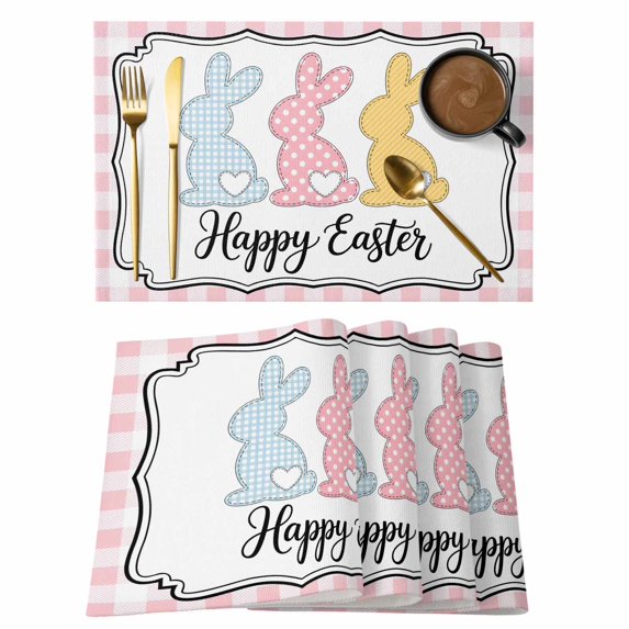 Happy Easter Placemats Set of 8, Cute Lovely Colorful Rabbits Silhouette Pink Checkered Placemats for Dining Table, Place Mats for Kitchen Tabletop, Waterproof Wipeable Dining Table Mats Set