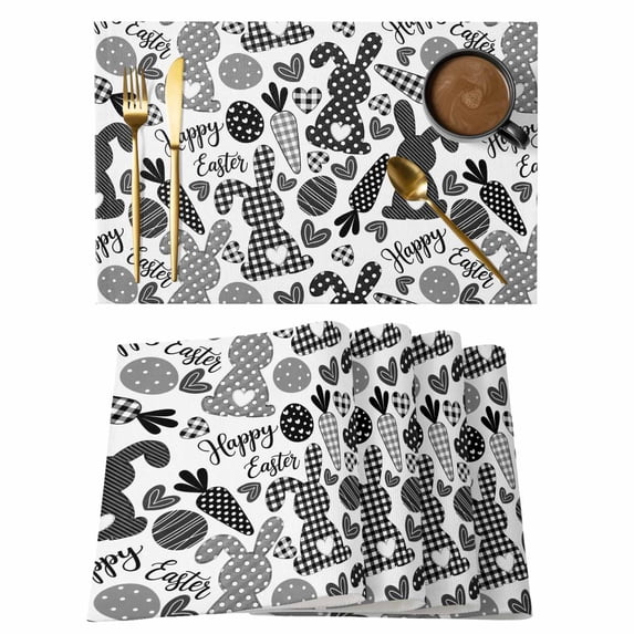 Happy Easter Placemats Set of 8 Rabbits Eggs Carrots Black Gray Plaid Place Mats Indoor Wipeable Table Mats Washable Cloth Dining Table Placemats for Kitchen Holiday Party Home Decor 13x19 Inch