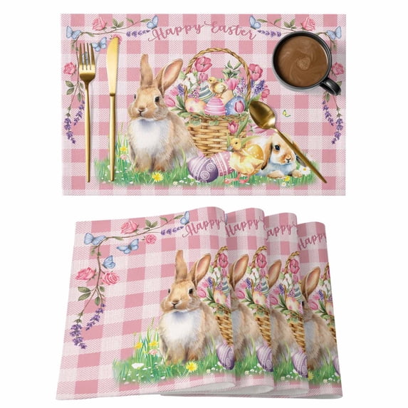 Happy Easter Placemats Set of 8, Spring Easter Eggs Bunny Floral Pink Plaid Placemats for Dining Table, Place Mats for Kitchen Tabletop, Waterproof Wipeable Dining Table Mats Set