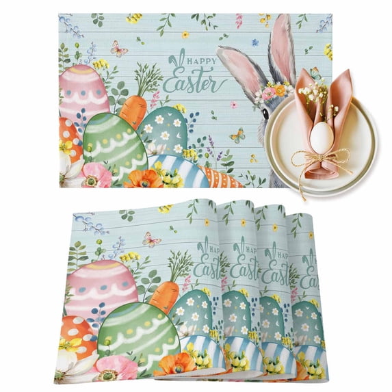 Happy Easter Placemats Set of 8, Spring Floral Rabbit Colored Eggs Green Wood Grain Heat Insulated Linen Place Mats, Washable Stain-Proof Table Mats for Dining Tables Holiday Decor 13x19 Inches