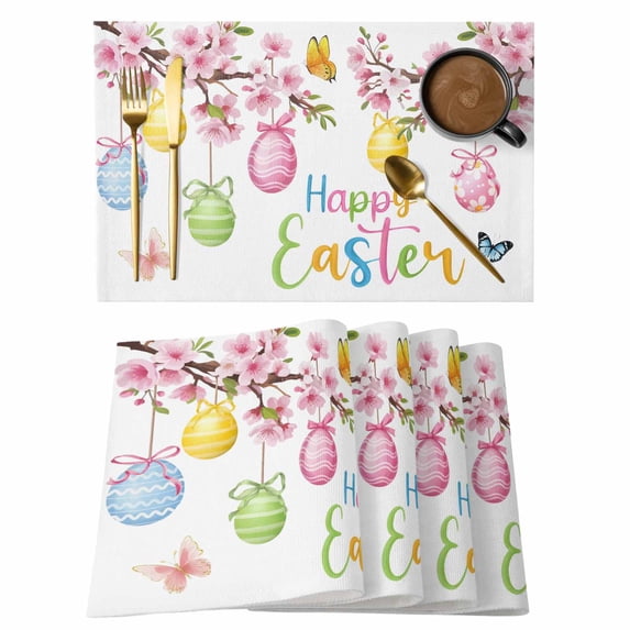 Happy Easter Placemats Set of 8, Spring Pink Floral Bule Yellow Eggs Butterfly Watercolor Non-Slip Place Mats Washable Table Mats for Kitchen Dining Table Decorations Indoor/Outdoor