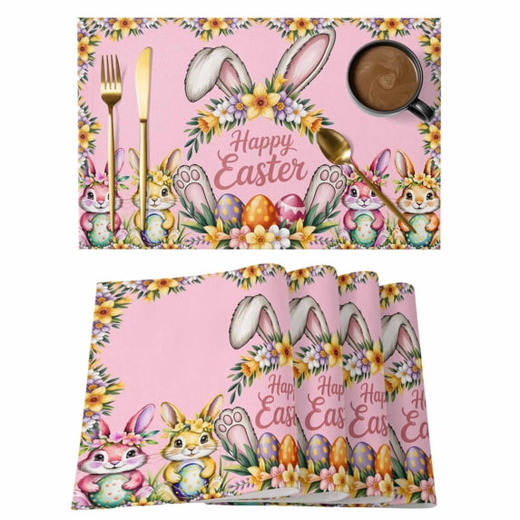 Happy Easter Placemats Set of 8, Spring Watercolor Rabbits Eggs Floral Pink Non-Slip Place Mats Washable Table Mats for Kitchen Dining Table Decorations Indoor/Outdoor