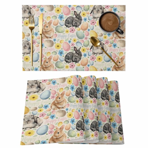 Happy Easter Placemats Set of 8 Spring Watercolor Rabbits Eggs Flower Beige Place Mats Indoor Wipeable Table Mats Washable Cloth Dining Table Placemats for Kitchen Holiday Party Home Decor 13x19 Inch