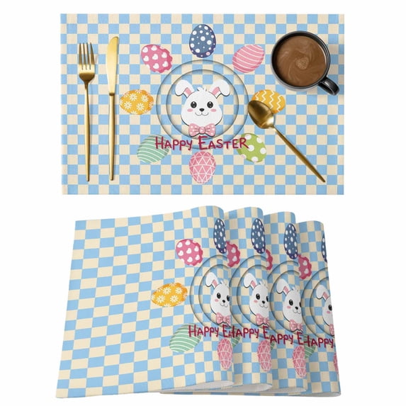 Happy Easter Placemats Set of 2 Spring Bunny Colorful Eggs Blue Yellow Plaid Heat Insulation Washable Place Mats, Rustic Non-Slip Table Mats for Dining Table Party Kitchen Decor,13x19 Inch
