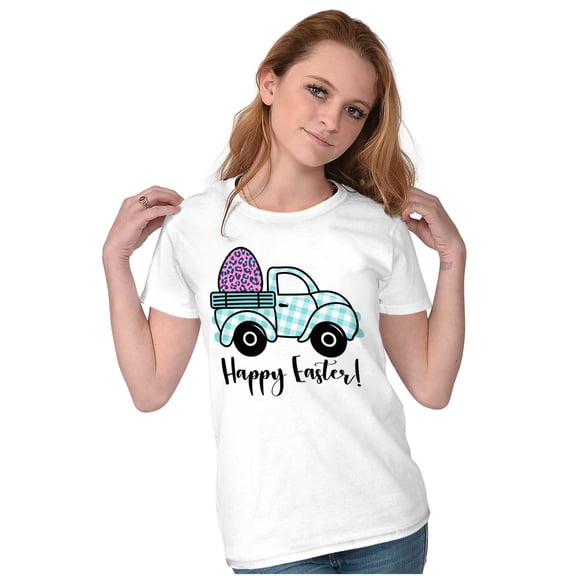 Happy Easter Plaid Egg Hunt Truck Womens Slim Fit Graphic Tee Brisco Brands L