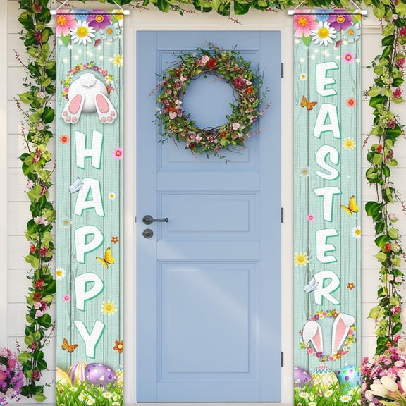Happy Easter Porch Sign Banner - 2 Pack Welcome Signs for Spring Theme Easter Bunny Door & Party Supplies