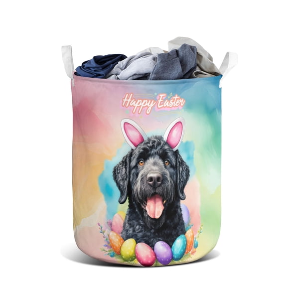 Happy Easter Portuguese Water Dog with Bunny Ear Headband and Flowers Foldable Laundry Basket PWD Portie Fishing Dog Lover Organizer Storage with Handles - 13001