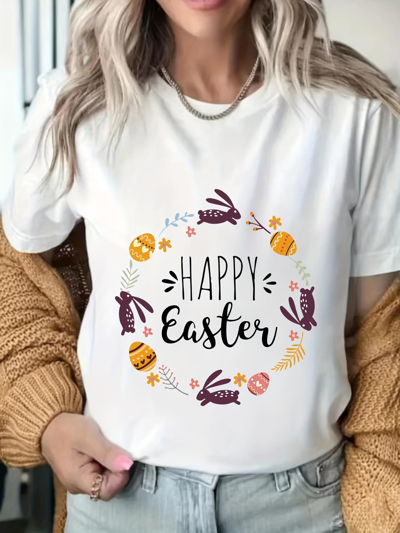 Happy Easter Print T-shirt, Casual Crew Neck Short Sleeve Top For ...