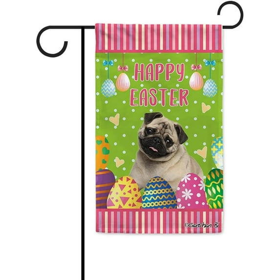 Happy Easter Pug Dog Garden Flag Colorful Eggs Stripe Holiday Decorative Yard Flag Banner for Outside Farmhouse Double Side 12.5X18 Inch