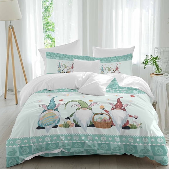 Happy Easter Queen Size Comforter Set, Gnome Egg Spring Floral Green Flowers Bunny Border Bedding for All Seasons, 4 Pcs Bed Set, 1Quiltcover (90"x92") ,1Sheet(94"x116"), 2Pillowcases (30"x20")