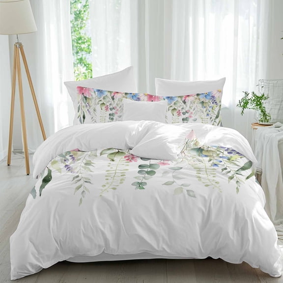 Happy Easter Queen Size Comforter Set, Spring Pink Blue Flowers Eucalyptus Leaves Plant Bedding for All Seasons, 4 Pcs Bed Set, 1Quiltcover (90"x92") ,1Sheet(94"x116"), 2Pillowcases (30"x20")