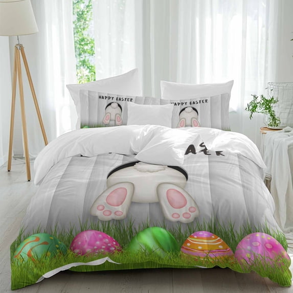 Happy Easter Queen Size Comforter Set, Vintage White Rabbit Tail Pink Green Egg Wood Grain Bedding for All Seasons, 4 Pcs Bed Set, 1Quiltcover (90"x92") ,1Sheet(94"x116"), 2Pillowcases (30"x20")