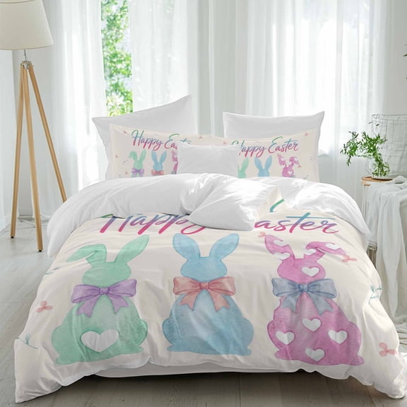 Happy Easter Queen Size Comforter Set, Watercolor Green Blue Pink Rabbits Linen Texture Bedding for All Seasons, 4 Pcs Bed Set, 1Quiltcover (90"x92") ,1Sheet(94"x116"), 2Pillowcases (30"x20")