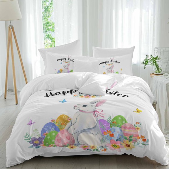 Happy Easter Queen Size Comforter Set, Watercolor Rabbit Colorful Easter Eggs Spring Floral Bedding for All Seasons, 4 Pcs Bed Set, 1Quiltcover (90"x92") ,1Sheet(94"x116"), 2Pillowcases (30"x20")