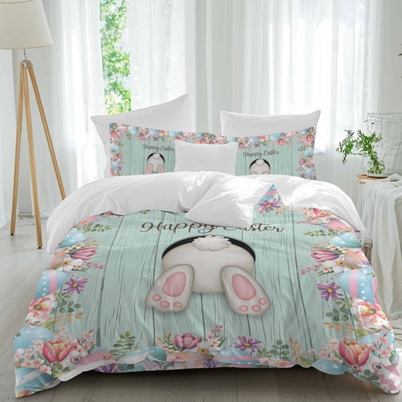 Happy Easter Queen Size Comforter Set, White Rabbit Tail Pink Blue Egg Floral Green Wood Grain Bedding for All Seasons, 4 Pcs Bed Set, 1Quiltcover (90"x92") ,1Sheet(94"x116"), 2Pillowcases (30"x20")