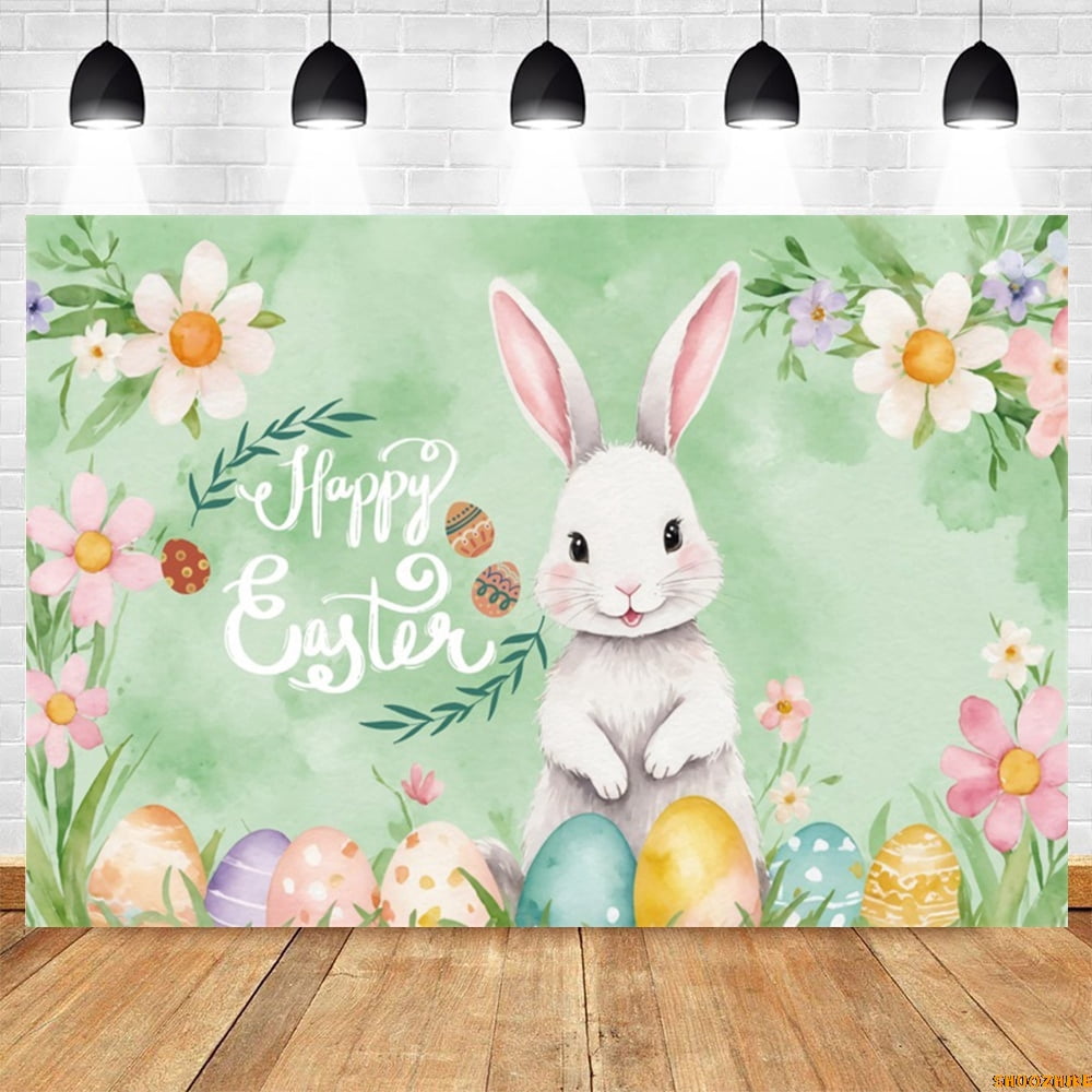 Happy Easter Rabbit Backdrop Cartoon Bunny Spring Flower Grass Baby ...