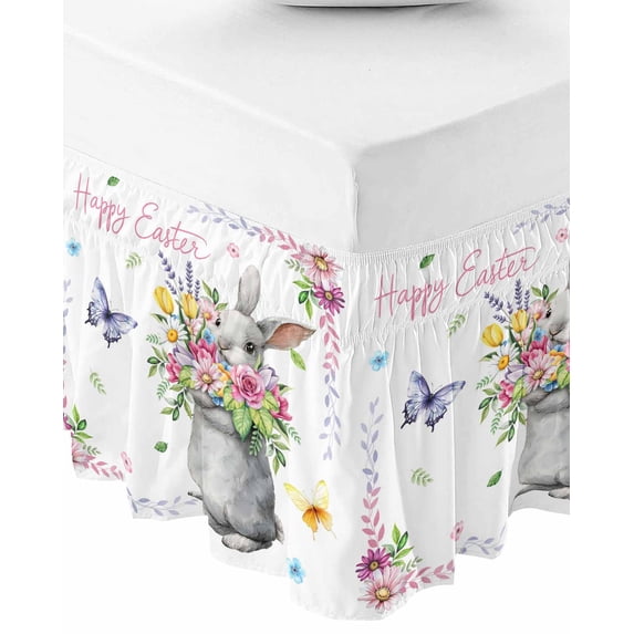 Happy Easter Rabbit Bed Skirt Queen Size 16 Inch Drop, Wrap Around Bed Skirts, Cute Bunny Spring Flowers Butterfly Elastic Bedskirt Pleated Bed Frame Cover Luxurious Dust Ruffle for Queen Bed