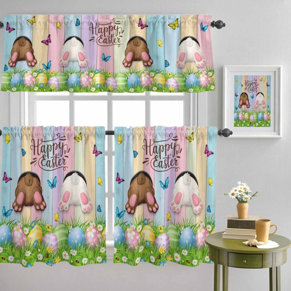 Happy Easter Rabbit Butt Egg on Daisy Leaf Curtain Tier and Valance Set 3 Piece, Bufferfly on Wood Barn 3-inch Rod Pocket Window Tier Curtains Valance for Kitchen Living Room