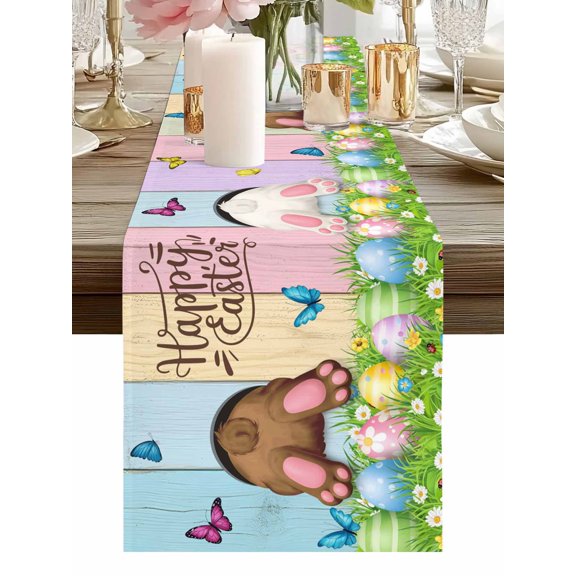 Happy Easter Rabbit Butt Egg on Daisy Leaf Table Runner-36 Inch Long Bufferfly on Wood Barn Table Runners Linen Burlap Tablerunner for Kitchen Dining Room Holiday Party