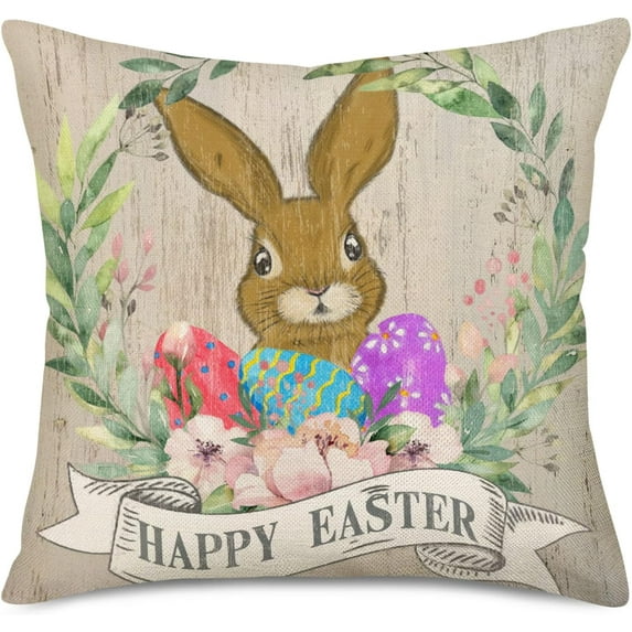 Happy Easter Rabbit Egg Pillow Covers 20x20 Inch Spring Farmhouse Flower Leaves Lovely Animals Bunny Throw Pillow Cover Vintage Wood Seasonal Greeting Easter Cushion Cover for Sofa Couch