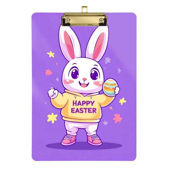 Happy Easter Rabbit Holding Egg Acrylic Clipboard Drawing Board with Hook Writing Pad File Storage A4 Size Gold 12.5" x 9"
