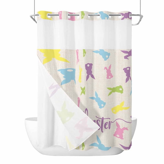 Happy Easter Rabbit No Hooks Shower Curtain with Snap-in Liner Spring Easter Pink Blue Green Bunny Silhouette Linen Texture Shower Curtains for Bathroom, Waterproof, Easy Install, Washable 60"x72"