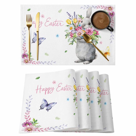 Happy Easter Rabbit Placemats Set of 6, Cute Bunny Spring Flowers Butterfly Placemats for Dining Table, Place Mats for Kitchen Tabletop, Waterproof Wipeable Dining Table Mats Set
