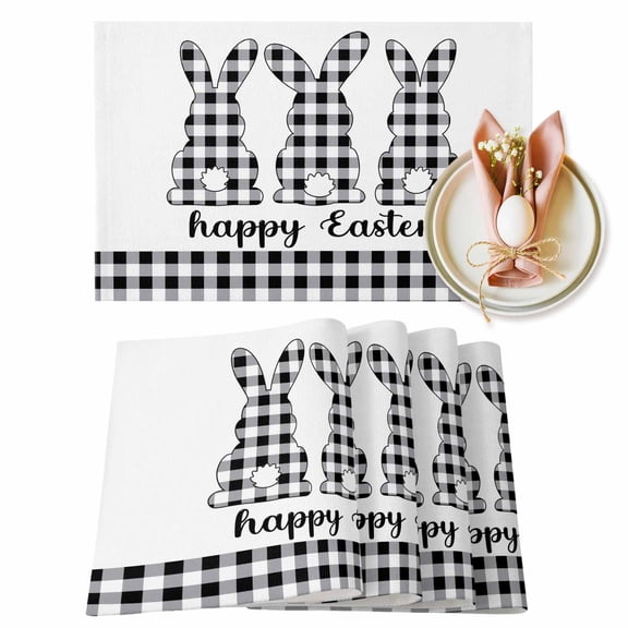 Happy Easter Rabbit Placemats Set of 6, Spring Easter Black Buffalo Plaid Bunny Silhouette Heat Insulated Linen Place Mats, Washable Stain-Proof Table Mats for Dining Table Holiday Decor 13x19 Inches