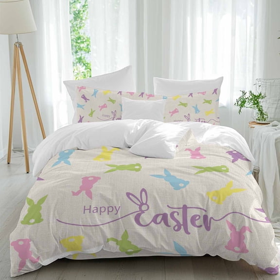 Happy Easter Rabbit Queen Size Comforter Set, Spring Easter Pink Blue Green Bunny Silhouette Bedding for All Seasons, 4 Pcs Bed Set, 1Quiltcover (90"x92") ,1Sheet(94"x116"), 2Pillowcases (30"x20")